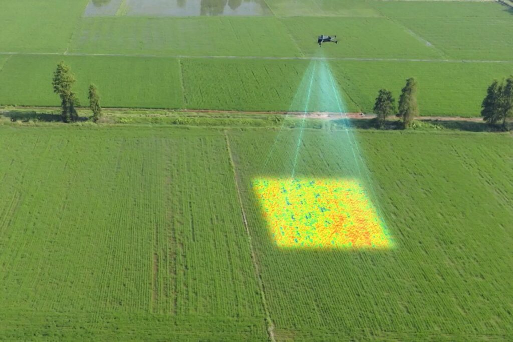 DJI illustration of mapping data informing a separate agricultural application workflow.