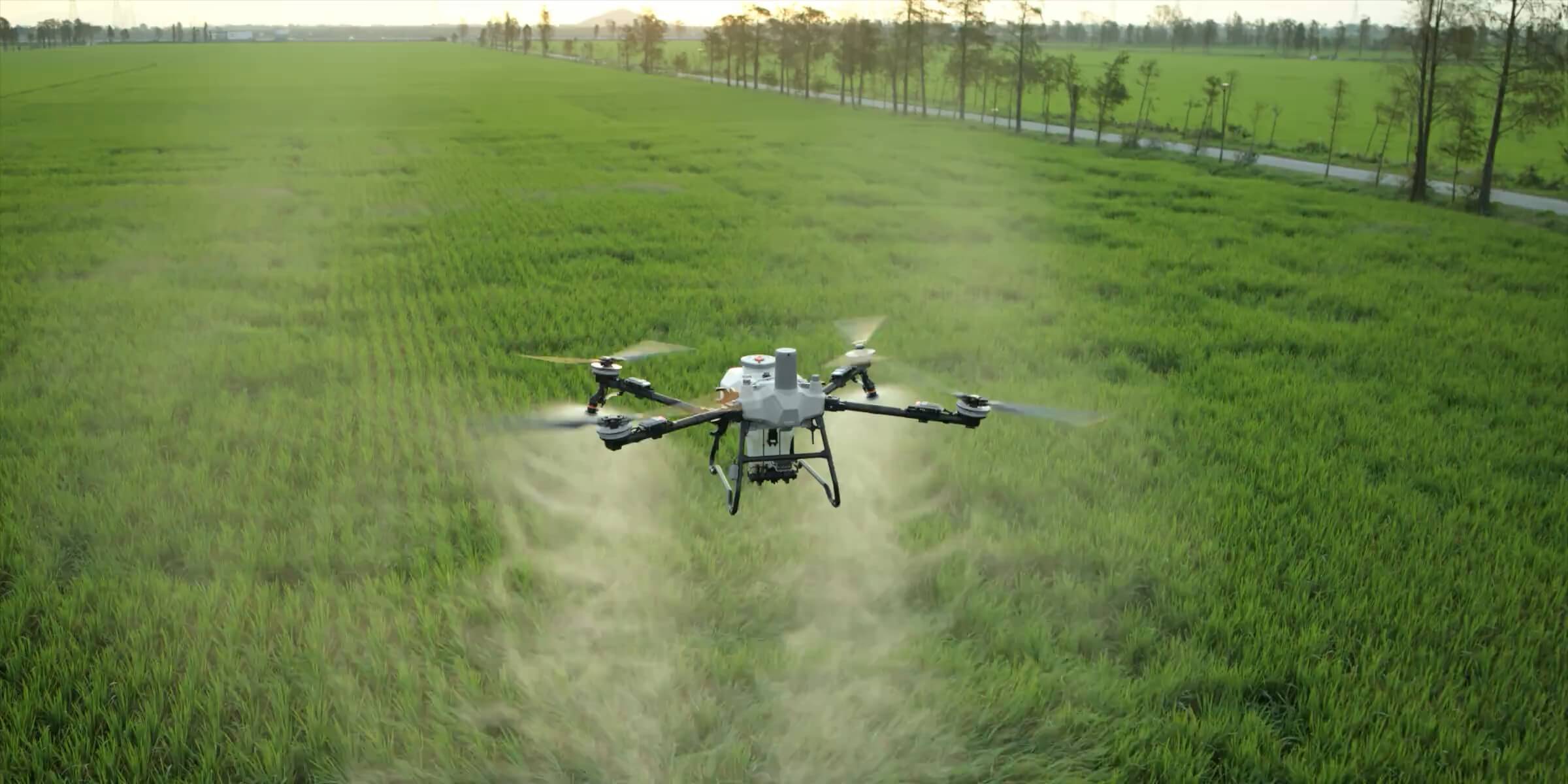 DJI Agras T55 carrying out a field-spraying operation.